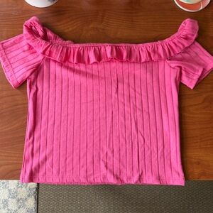 NWOT Pink Off The Shoulder Ruffle Ribbed Crop Tee
